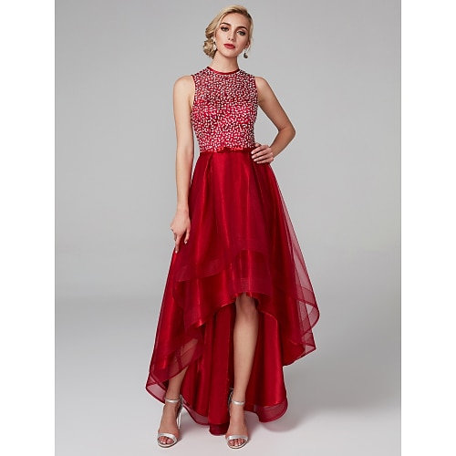 

A-Line Sparkle & Shine Dress Cocktail Party Asymmetrical Sleeveless Jewel Neck Satin with Bow(s) Sequin 2022 / Prom / High Low / Keyhole