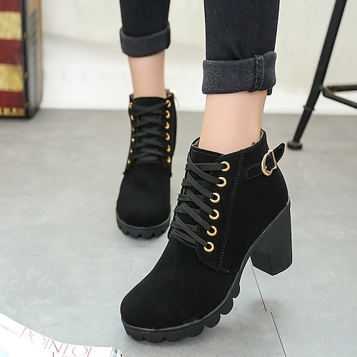 

Women's Boots Booties Ankle Boots Chunky Heel Round Toe Daily PU Lace-up Fall Winter Black Army Green Brown