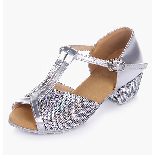 

Girls' Latin Shoes Performance Practice Heel Low Heel Toggle Clasp Teenager Gold Silver / Sparkling Glitter