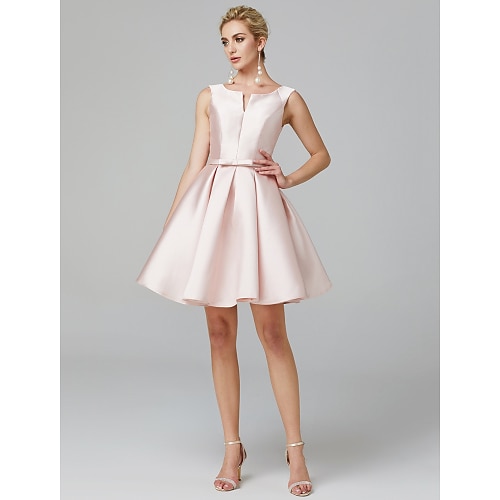 

A-Line Minimalist Dress Homecoming Knee Length Sleeveless V Wire Satin with Bow(s) Pleats 2022 / Cocktail Party