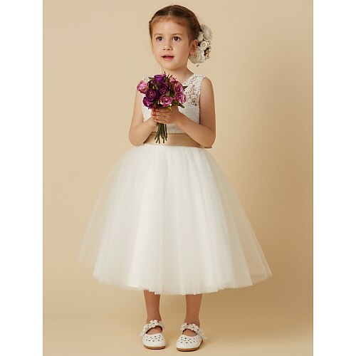 

Wedding First Communion Princess Flower Girl Dresses Jewel Neck Knee Length Lace Tulle Spring Summer with Sash / Ribbon Bow(s) Tutu Cute Girls' Party Dress Fit 3-16 Years