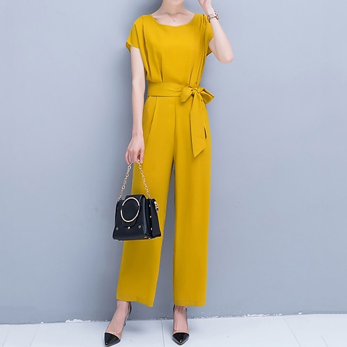 

Women's Jumpsuit Solid Colored Round Neck Streetwear Holiday Work Straight Slim Short Sleeve Wine Royal Blue Yellow S M L Summer