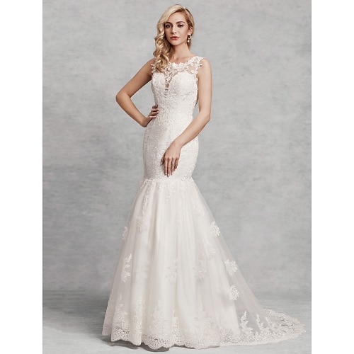 

Mermaid / Trumpet Wedding Dresses Scoop Neck Court Train Lace Satin Tulle Regular Straps Beautiful Back with Lace Appliques 2022
