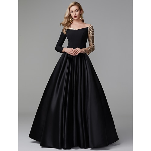 

Ball Gown Sparkle Quinceanera Formal Evening Dress Off Shoulder Long Sleeve Floor Length Satin with Sequin 2022