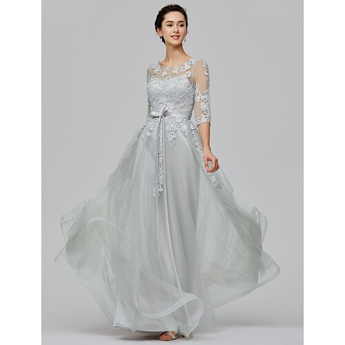 

A-Line Empire Wedding Guest Prom Dress Illusion Neck Half Sleeve Floor Length Tulle with Bow(s) Appliques 2022