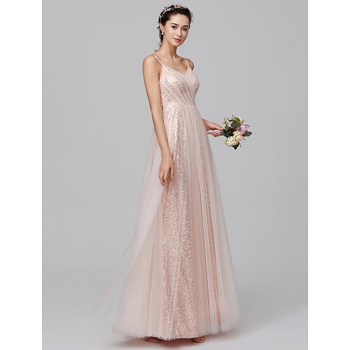 

A-Line Bridesmaid Dress Spaghetti Strap Sleeveless Floor Length Tulle / Sequined with Pleats / Sequin 2022
