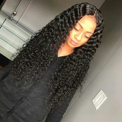 

Remy Human Hair Lace Front Wig With Ponytail Kardashian Brazilian Hair Curly Black Natural Wig 130% Density with Baby Hair Natural Hairline Bleached Knots For Women's Long Human Hair Lace Wig ELVA