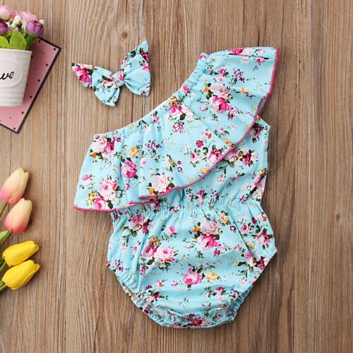 

Baby Girls' Bodysuit Active Vintage Daily Going out Light Blue Floral Stylish Ruffle Floral Style Sleeveless / Summer / Bow