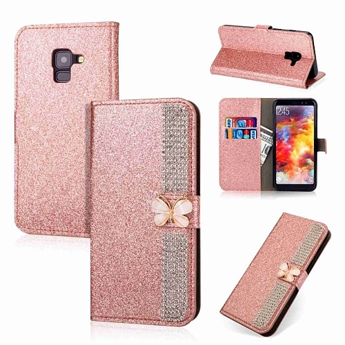 

Phone Case For Samsung Galaxy Full Body Case A5(2018) A3 A5 A8 2018 A8 2018 A5(2016) A3(2016) Wallet Card Holder Rhinestone Butterfly Glitter Shine Hard PU Leather