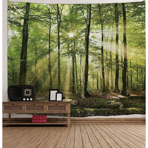 自然の壁のタペストリーアートの装飾毛布カーテンピクニックテーブルクロスぶら下げ家の寝室のリビングルーム寮の装飾森の風景木を通して太陽の光