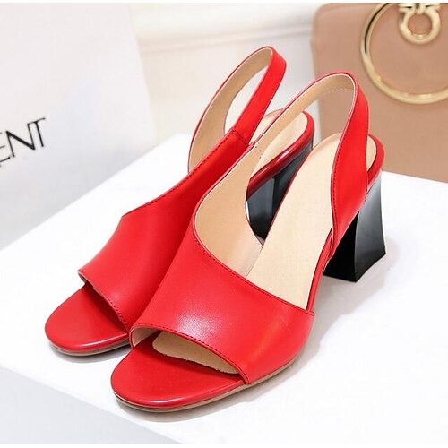 Women's Sandals Daily Block Heel Sandals Summer Chunky Heel Open Toe Comfort Nappa Leather Black White Red