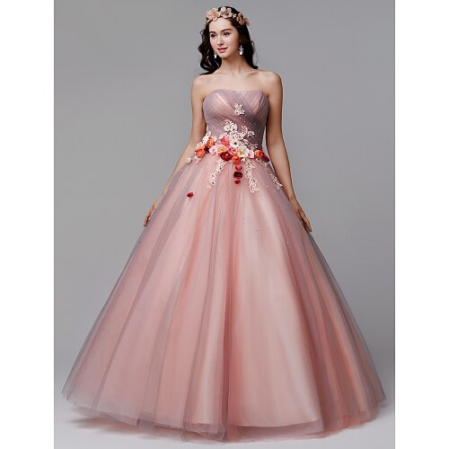 

Ball Gown Floral Formal Evening Dress Strapless Sleeveless Floor Length Tulle with Pleats Flower 2022