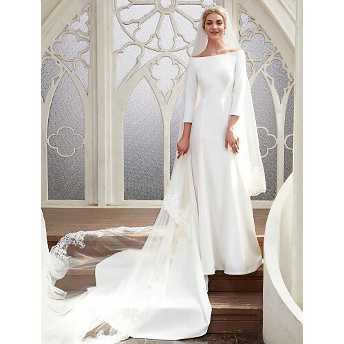 

A-Line Wedding Dresses Bateau Neck Chapel Train Satin 3/4 Length Sleeve Elegant with 2022 / Royal Style