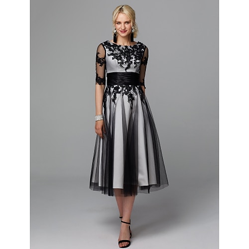 

A-Line Little Black Dress Elegant Cocktail Party Wedding Party Dress Jewel Neck Half Sleeve Tea Length Lace with Sash / Ribbon Appliques 2022 / Illusion Sleeve