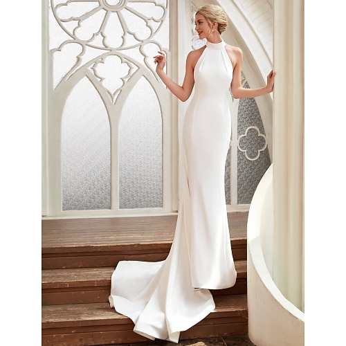 

Sheath / Column Wedding Dresses Halter Neck Court Train Chiffon Satin Regular Straps Simple Backless Elegant with 2022 / Royal Style