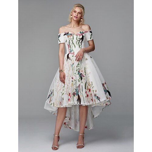 

Ball Gown Elegant Floral High Low Cocktail Party Prom Valentine's Day Dress Off Shoulder Short Sleeve Asymmetrical Polyester with Embroidery 2022