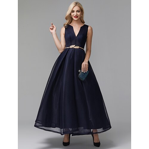 

A-Line Minimalist Elegant Cocktail Party Prom Dress V Wire Sleeveless Ankle Length Spandex with Sash / Ribbon 2022