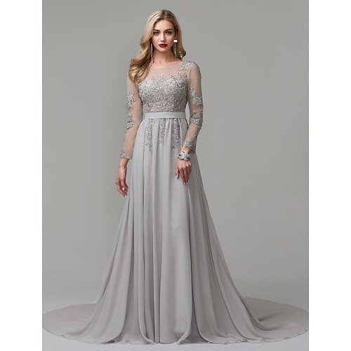 

A-Line Luxurious Engagement Formal Evening Dress Illusion Neck V Back Low Back Long Sleeve Chapel Train Chiffon with Sequin Appliques 2022 / Illusion Sleeve