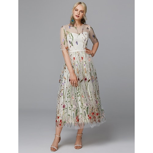 

A-Line White Floral Holiday Cocktail Party Valentine's Day Dress Illusion Neck Half Sleeve Tea Length Lace with Embroidery Appliques 2022