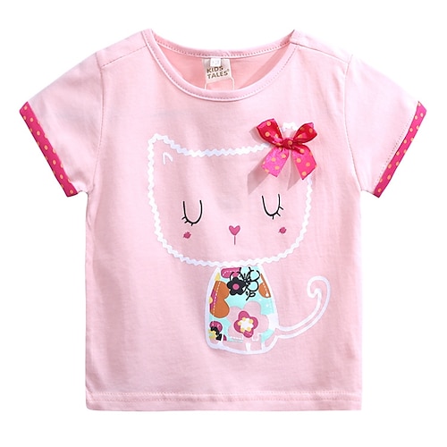 

Infantil Para Meninas Activo Diário Gato Estampado Estampado Manga Curta Padrão Algodão Camiseta Rosa