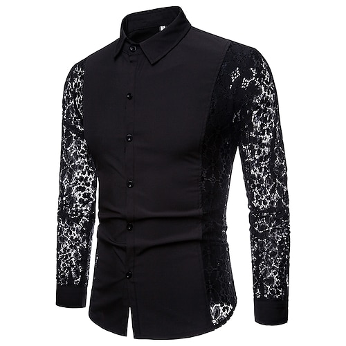 

Men's Party Shirt Solid Colored Collar Daily Casual Street Club Cut Out Lace Long Sleeve Tops Basic Sexy White Black / Patchwork Summer Party Wedding