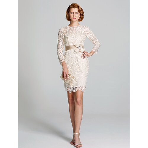 

Sheath / Column Mother of the Bride Dress Floral Jewel Neck Knee Length Lace 3/4 Length Sleeve with Lace Sash / Ribbon 2022 / Illusion Sleeve