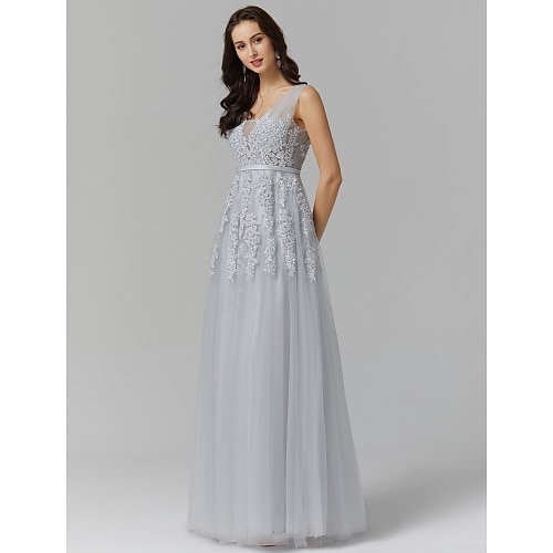 

A-Line Elegant Dress Prom Sweep / Brush Train Sleeveless V Neck Tulle Over Lace V Back Low Back with Beading Appliques 2022