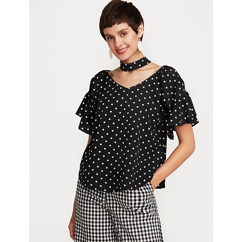 

Women's Blouse Polka Dot Boat Neck Strapless Off Shoulder Black Daily Going out Half Sleeve Ruffle Backless Clothing Apparel Cotton Active Basic