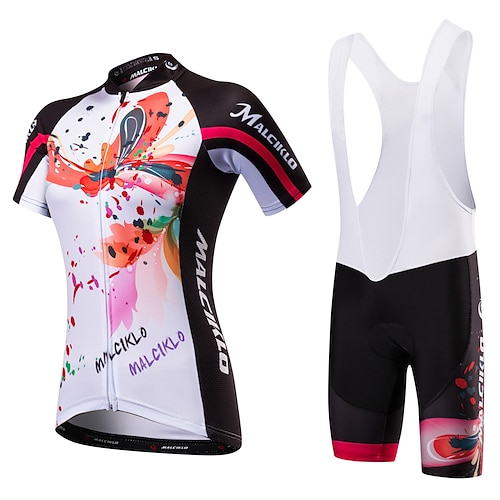 

Malciklo Women's Short Sleeve Cycling Jersey with Bib Shorts Black Black / White Floral Botanical Bike Jersey Bib Tights Breathable Quick Dry Anatomic Design Ultraviolet Resistant Reflective Strips