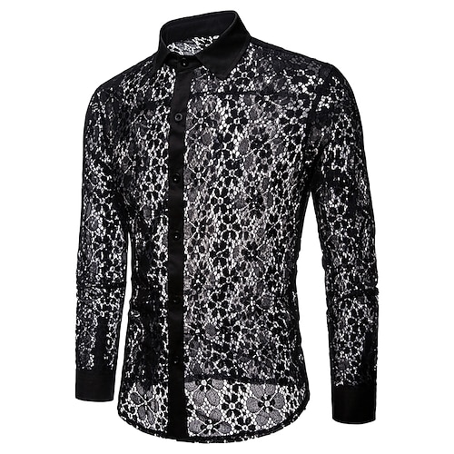 

Men's Shirt Prom Shirt Solid Colored Collar White Black Party Club Long Sleeve Lace Mesh Clothing Apparel Basic Sexy / Cut Out