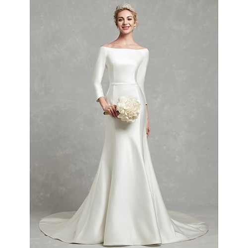 

Sheath / Column Wedding Dresses Strapless Chapel Train Satin 3/4 Length Sleeve Simple with Bow(s) 2022