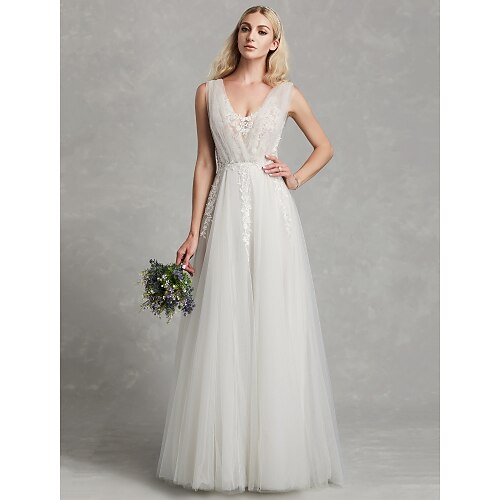 

A-Line Wedding Dresses V Neck Floor Length Lace Tulle Regular Straps Romantic Plus Size Illusion Sleeve with Appliques 2022
