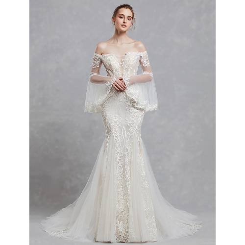 

Mermaid / Trumpet Wedding Dresses Off Shoulder Court Train Lace Tulle Long Sleeve Romantic Boho See-Through Backless Illusion Sleeve with Lace Appliques 2022