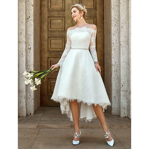 

A-Line Wedding Dresses Off Shoulder Asymmetrical Lace Long Sleeve Casual Plus Size Illusion Sleeve with Lace Crystal Brooch 2022