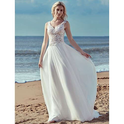 

A-Line Wedding Dresses V Neck Sweep / Brush Train Lace Tulle Regular Straps Cutouts with Lace Ruffles 2022