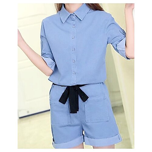 

Women's Romper Solid Colored Round Neck Daily Straight Half Sleeve Blue S M L