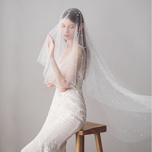 

Two-tier Sweet Wedding Veil Fingertip Veils with Faux Pearl 39.37 in (100cm) Tulle / Drop Veil