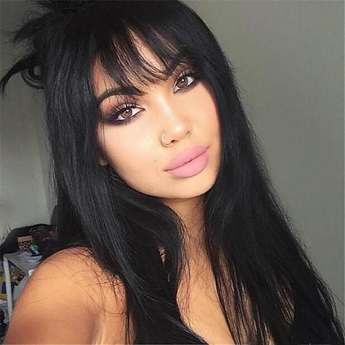 

Synthetic Wig Straight Kardashian Layered Haircut Wig Long Natural Black #1B Synthetic Hair 24 inch Women's Heat Resistant With Bangs Black