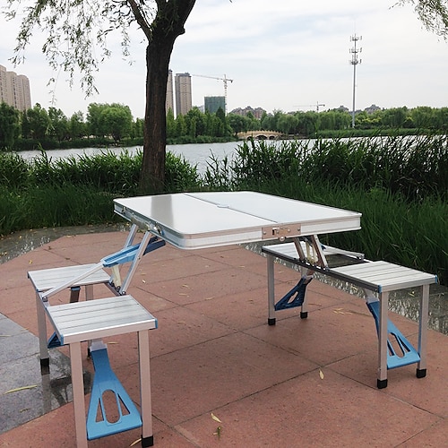

Camping Folding Table with Stools Portable Foldable Lightweight Folding Aluminium alloy 4 Stools 1 Table for 3 - 4 person Beach Camping Travel BBQ Autumn / Fall Winter Silver