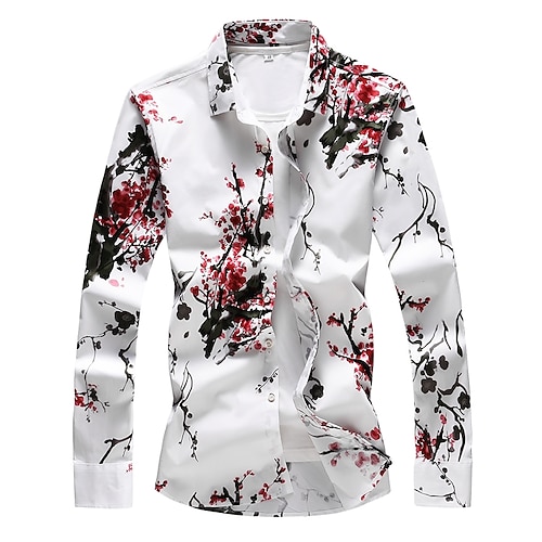 Men's Shirt Floral Nature & Landscapes Plus Size Print Long Sleeve Casual Slim Tops Party Basic Beach Red