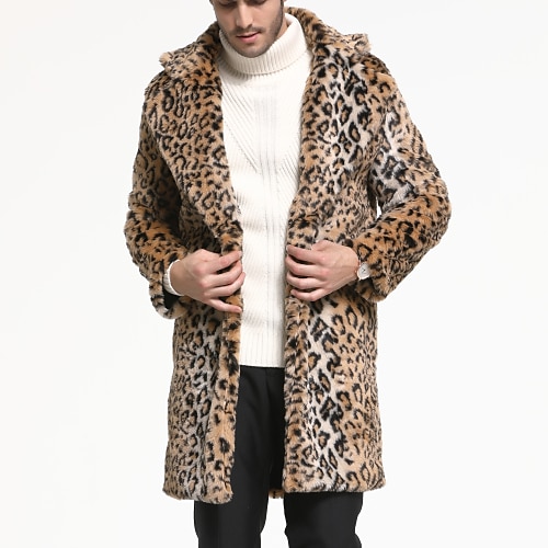 

Men's Fur Coat Holiday Going out Turndown Basic Streetwear Jacket Outerwear Leopard Print Brown