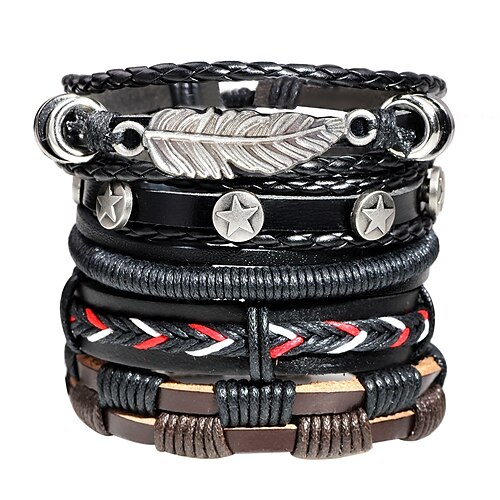 

Men's Leather Bracelet Loom Bracelet Braided Rope Leaf Vintage Rock Leather Bracelet Jewelry Black For