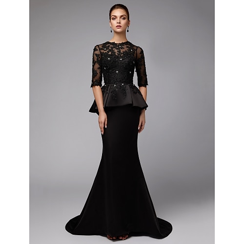

Mermaid / Trumpet Mother of the Bride Dress Sexy See Through Jewel Neck Sweep / Brush Train Satin Lace Half Sleeve with Beading Appliques 2022