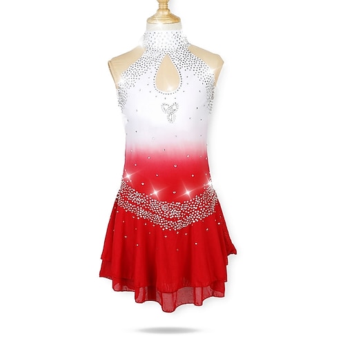 

Figure Skating Dress Women's Girls' Ice Skating Dress Outfits Red Halo Dyeing Spandex Micro-elastic Professional Competition Skating Wear Rhinestone Fashion Sleeveless Latin Dance Folk Dance Figure