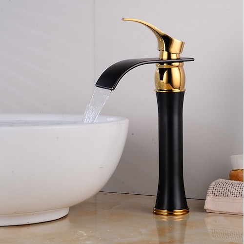 

Bathroom Sink Faucet,Vintage Waterfall Oil-rubbed Gold/Black Centerset Single Handle One Hole Bath Taps with Hot and Cold Water