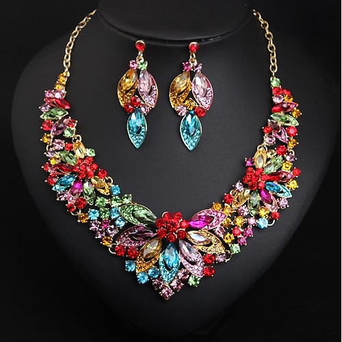 

1 set Drop Earrings Bib necklace For Women's AAA Cubic Zirconia Multicolor Party Wedding Rhinestone Alloy Vintage Style Flower Rainbow