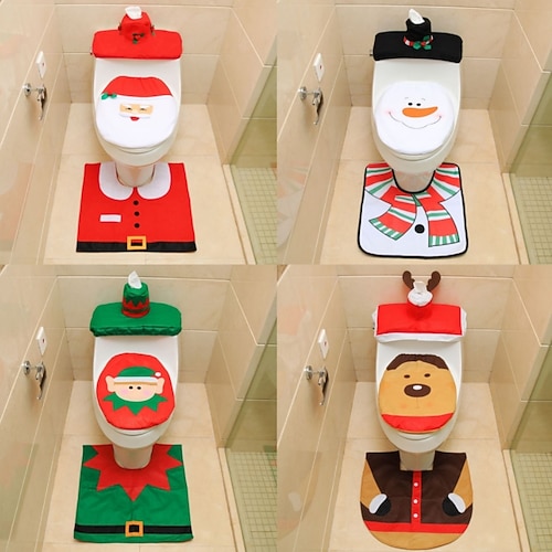  décorations de couverture de siège de toilette de Noël Père Noël bonhomme de neige cerf esprit couverture de siège de toilette tapis ensemble de salle de bain avec housse de serviette en papier pour cadeau de Noël décorations pour la maison de l'année pre