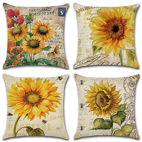 

4 pcs Pillow Cover, Floral Floral&Plants Rustic Square Traditional Classic Home Sofa Decorative Outdoor Faux Linen Cushion for Sofa Couch Bed Chair Yellow