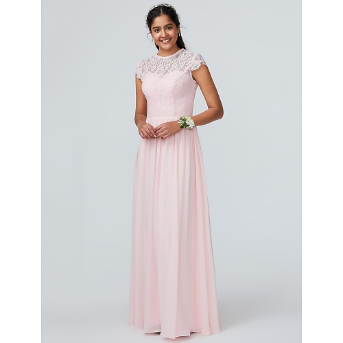 

A-Line Bridesmaid Dress Jewel Neck Sleeveless Elegant Floor Length Chiffon with Lace 2022 / Sparkle & Shine