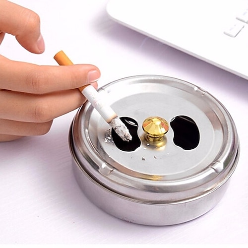 

Cigarette Lidded Ashtray Stainless Steel Silver Windproof Ashtray with Lid Round Shape Smoking Ash Tray